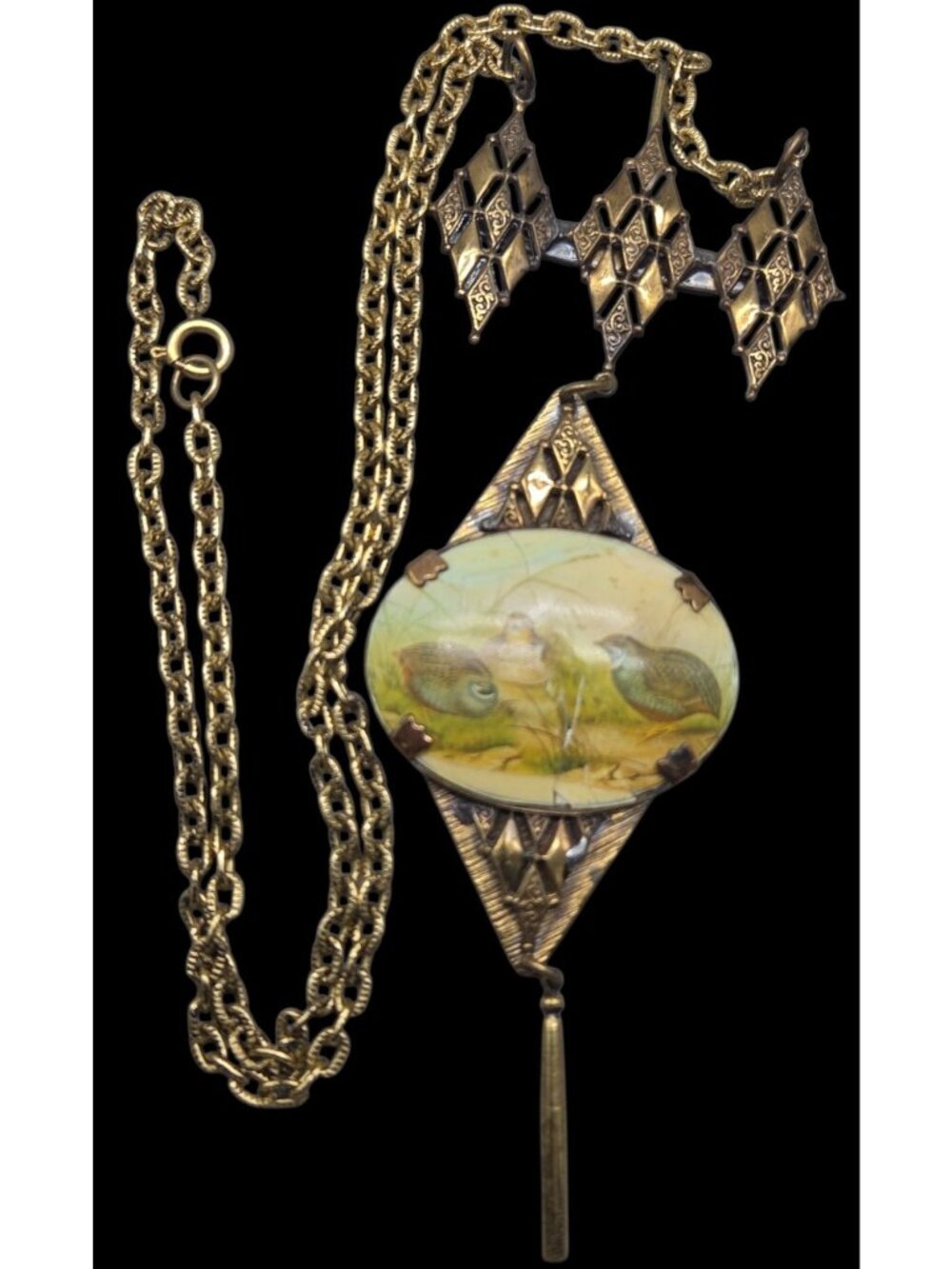 Antique Victorian Celluloid Quail Bird Pendant Necklace Brass Filigree 22" AS IS - Picture 11 of 15